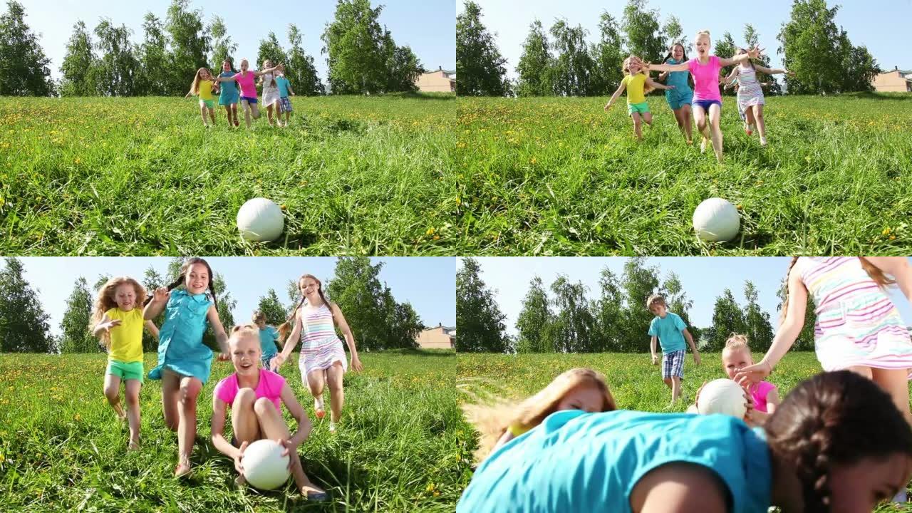 一群女孩追着球跑