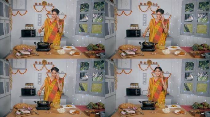 一个新婚女孩在做饭时忙于与母亲在手机上聊天