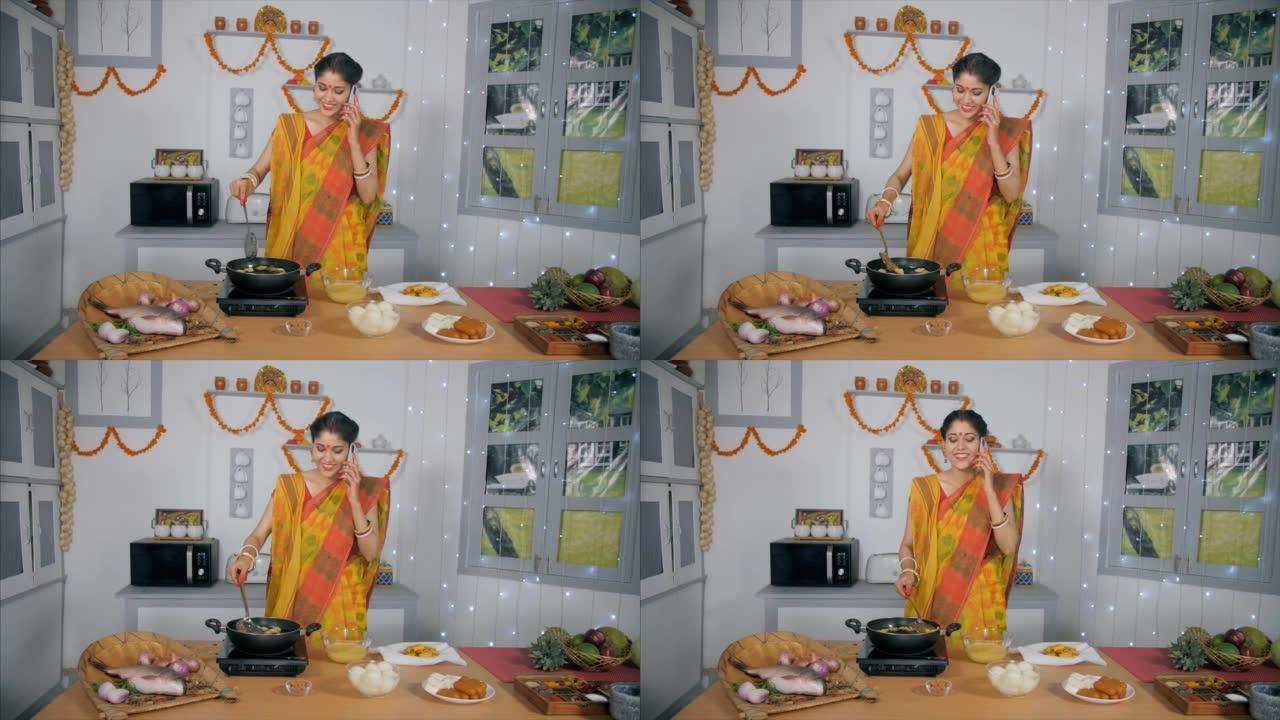 一个新婚女孩在做饭时忙于与母亲在手机上聊天