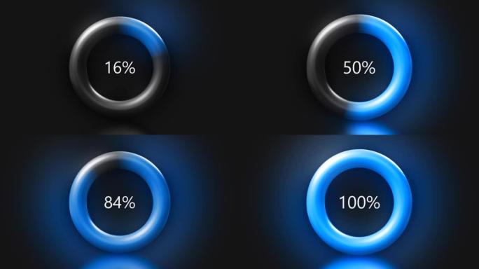 具有百分比度量的抽象。动。带有蓝色和绿色的环，随着百分比测量值的变化而移动并增加，直到100的百分比