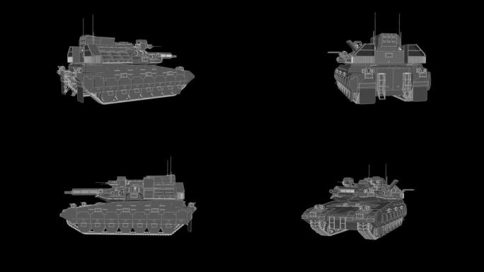 在黑色背景上旋转的火炮坦克的三个60度视图。计算机化动画。循环，3D渲染。
