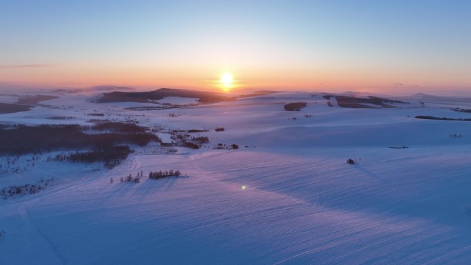 航拍4K内蒙古苍茫雪原夕照