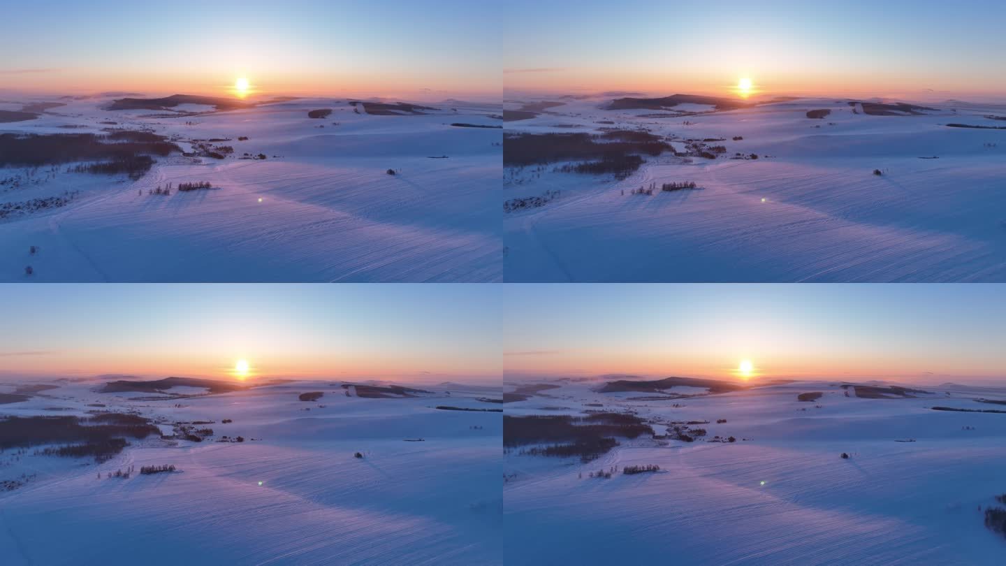 航拍4K内蒙古苍茫雪原夕照