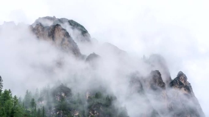 延时的日落场景，云朵在意大利白云岩的杉树上移动。