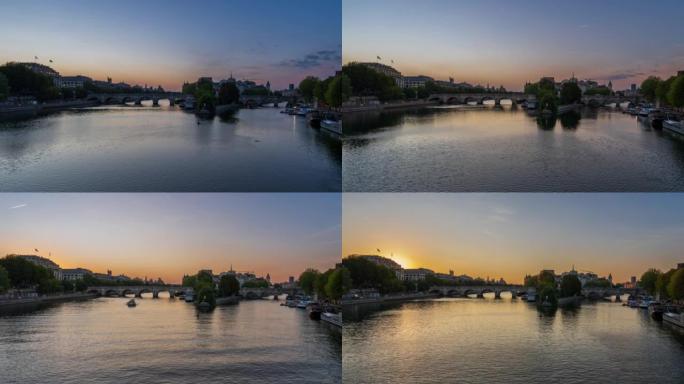 巴黎塞纳河上的Ile de la cite和Pont Neuf桥-昼夜-4k延时