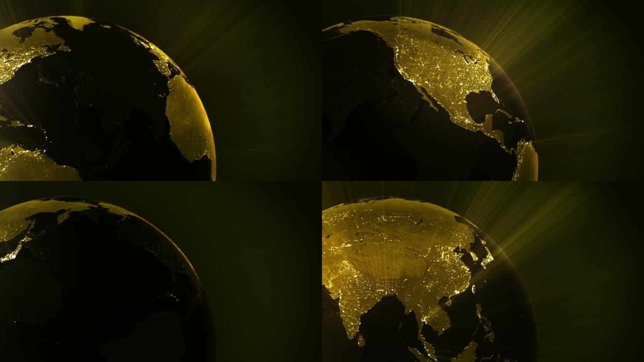 闪烁着城市之光的旋转地球。可循环。黄色