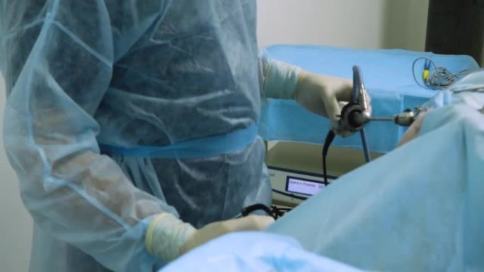 外科医生站在一件戴着无菌手套的防护服上，巧妙地对躺在其侧面的麻醉动物进行内窥镜检查。兽医学的概念。