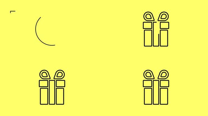 黄色背景上的礼品盒涂鸦线图标动画