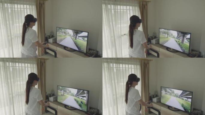 女人使用VR玻璃在跑步机上练习虚拟跑步
