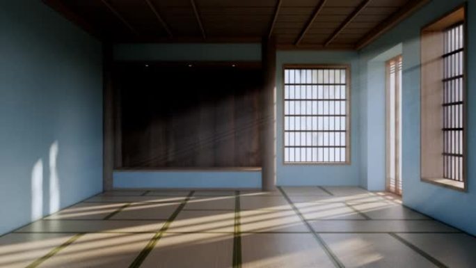 薄荷空大殿，亚洲室内清洁室禅宗风格。3D渲染