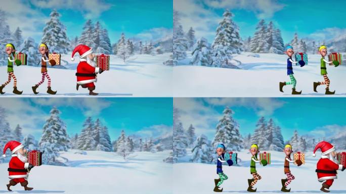 有趣的圣诞老人和精灵在圣诞冬季森林里带着礼物奔跑。圣诞节和新年的概念。无缝循环圣诞动画。