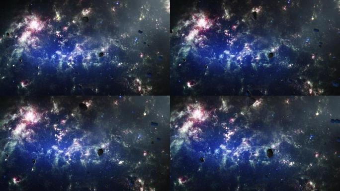 星系太空飞行探索大麦哲伦星云穿越外层空间的太空岩石。4k循环动画，飞越发光的星云，云和星星场。