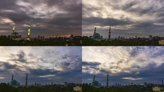 日落时4k uhd清真寺视频，吉隆坡城市景观为背景