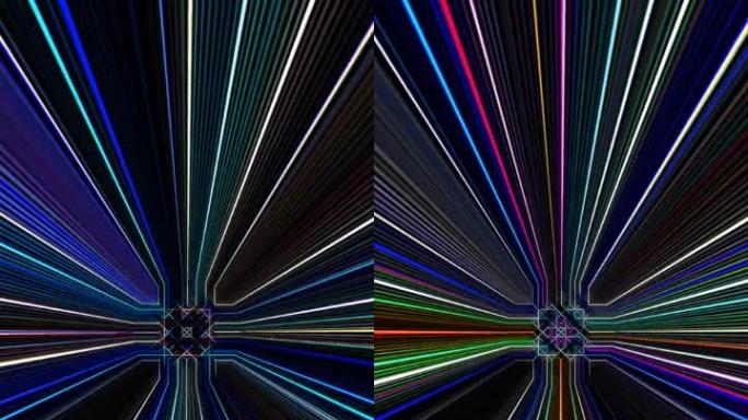 3D动画垂直美丽的视频七彩抽象明亮的光能4K平滑的线条波浪闪烁的光效果在黑色背景上
