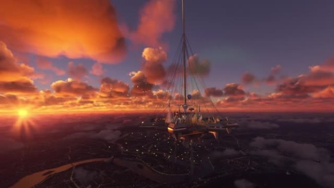 日落时的未来之城。在科幻城市的云层上方拍摄的圆形空中镜头