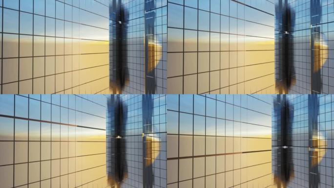 现代玻璃摩天大楼外观，窗户上有阳光和反射