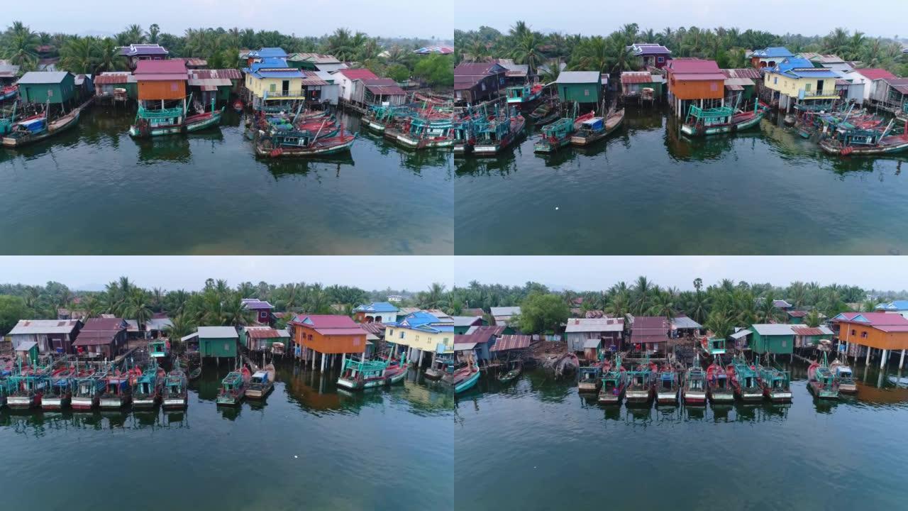 贡布市南部Prek Kampong河上渔船的航拍