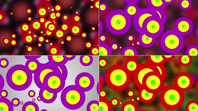 抽象背景，彩色动画移动形状，圆圈，气泡和线条。分屏。