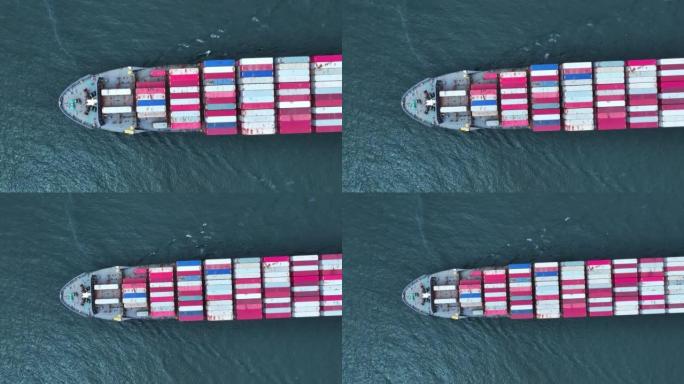 货物集装箱船俯视图运载集装箱和运行出口货物从货场港口到其他海洋概念货运船舶物流运输业务服务概念。顶视