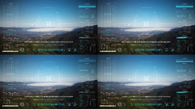 鸟瞰图无人机拍摄与抬头显示界面HUD，网络未来主义和技术概念，点和颗粒背景过程