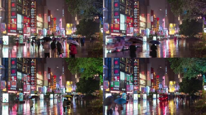 4k时间流逝:国庆节前的晚上，中国上海，南京路购物街的游客步行人群。