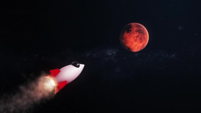 3D渲染火箭喷射飞向火星红色星球星系空间3D插图背景。行星，星系，恒星，宇宙，海洋，地球，地球。