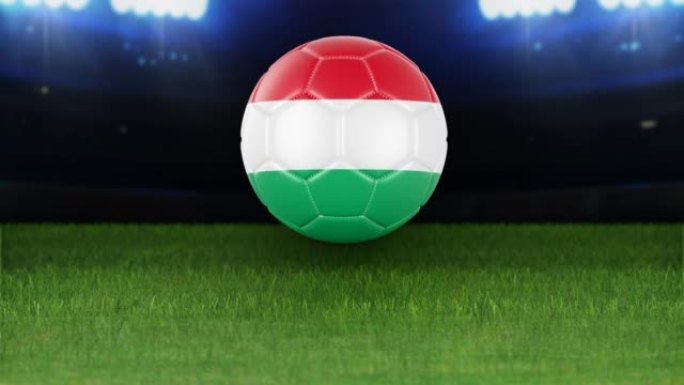 匈牙利国旗足球，带灯跳入体育场。足球场和球，4k分辨率，循环-股票视频