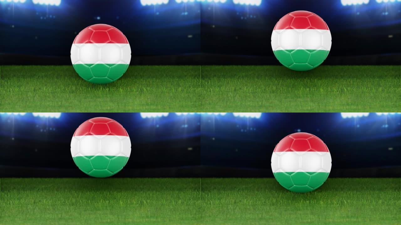 匈牙利国旗足球，带灯跳入体育场。足球场和球，4k分辨率，循环-股票视频