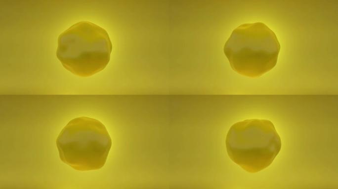 移动黄色sphere3d动画移动黄色球体。生命的起源。带滴的黄色背景。