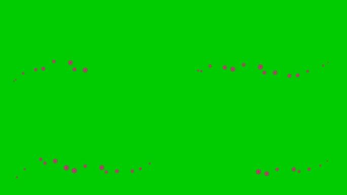 动画粉色雪花从左到右飞舞。一波飞雪。冬天的概念，寒冷。矢量插图孤立在绿色背景上。