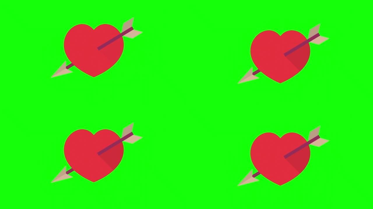 红色爱情或心脏弹出图标动画。情人节和母亲节的心跳概念。爱和感情。带有alpha通道的循环动画，绿色屏