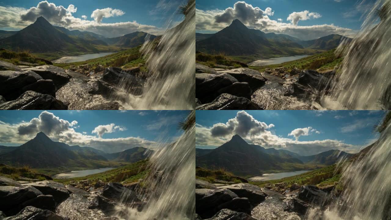 Tryfan山，来自威尔士班戈格温妮德斯诺多尼亚的Afon Lloer和Llyn Ogwen的瀑布-