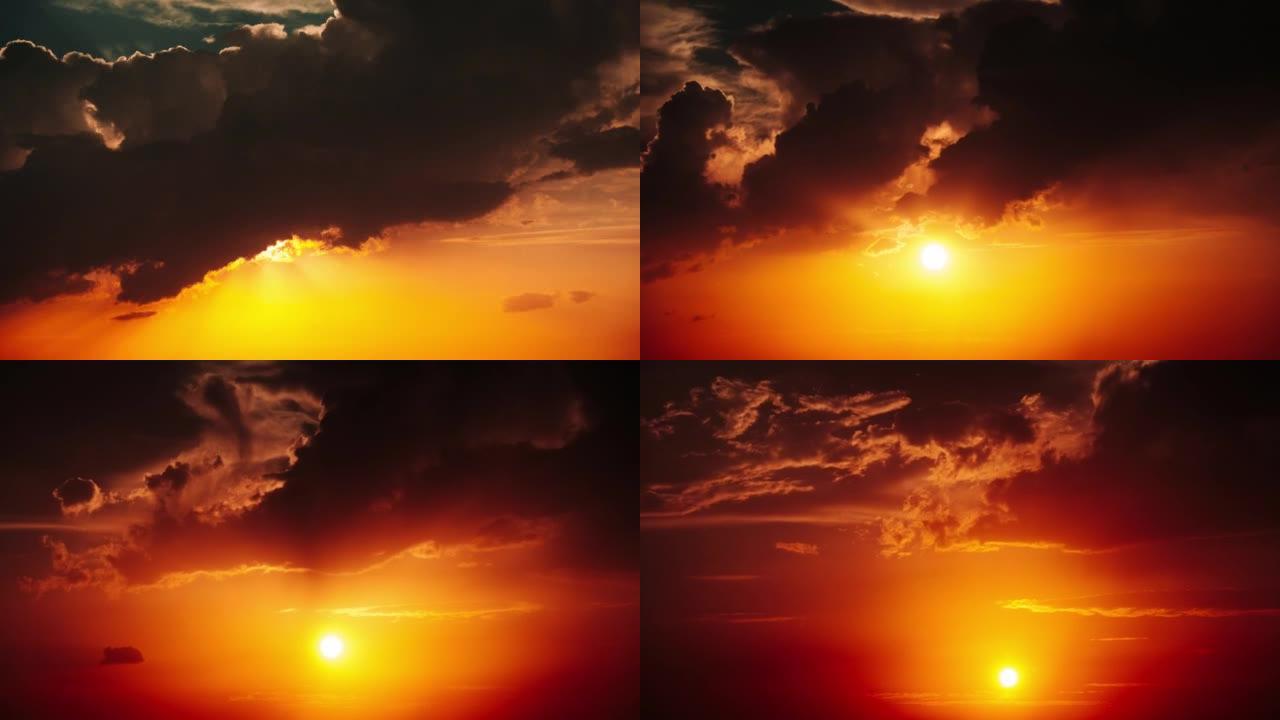 戏剧性的日落，天空中的阳光穿过橙色的层状云层，延时