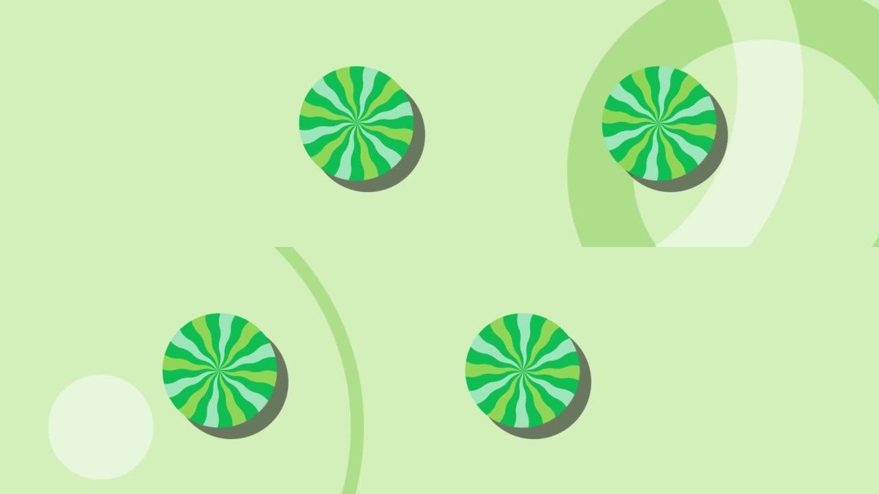 绿色背景上的动画西瓜水果符号。具有简单时尚重复元素的无缝循环食物动画