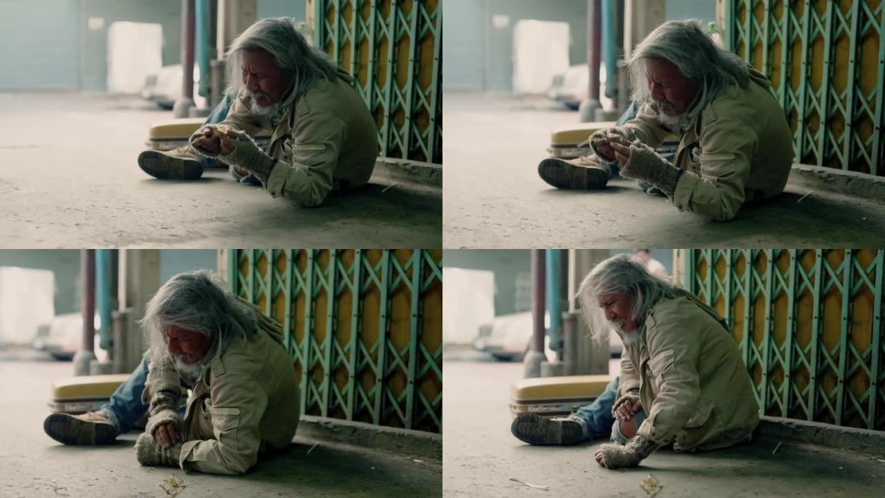4K，一个亚洲老人无家可归，他的最后一副眼镜坏了，腿断了，眼镜掉到了地上，非常绝望。没有工作，没有家