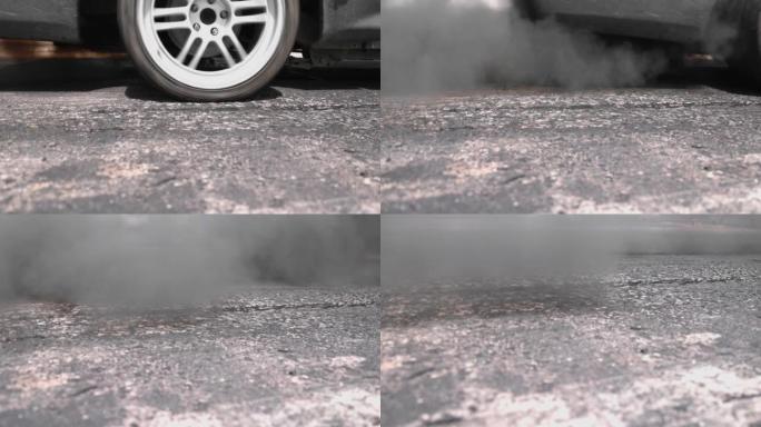 道路上柴油车排气管的空气污染。