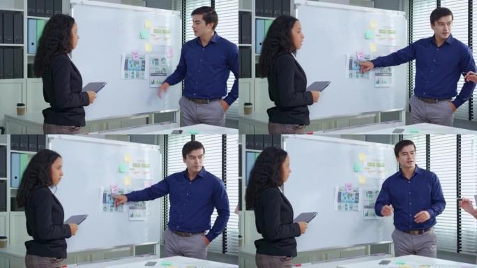 亚洲男性项目经理正在介绍和解释一项新的商业计划，以提高年销售额。