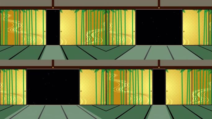 带竹画的推拉门。分区打开和关闭。日式客房