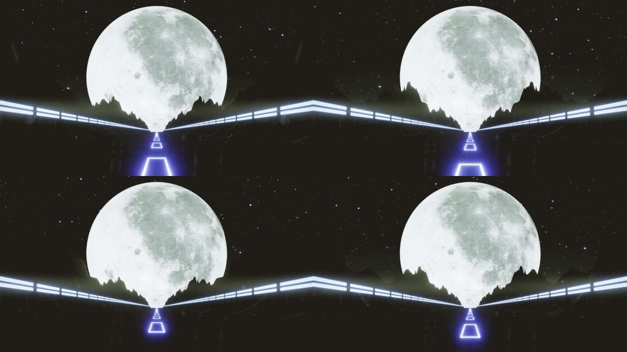 80年代风格荧光视觉背景。夜路与大月亮无缝循环股票视频