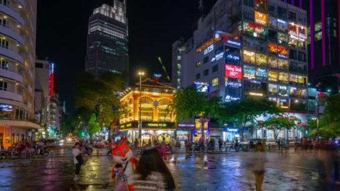 夜间照明胡志明市著名旅游广场全景4k越南