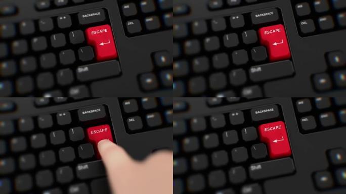 键盘上的红色按钮。手指按下输入。单击转义。逼真的键盘按钮。红色按钮逃脱推动。准备采取行动。办公室键盘