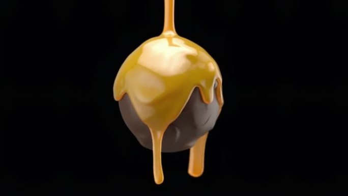 关闭慢动作焦糖液体滴在巧克力球隔离在黑色背景。4k. 3D动画。选择性聚焦。