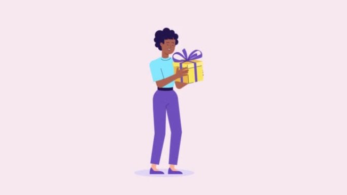 女性角色拿着礼物盒子。2d平面动画。礼品赠送，移动营销，从商店赚取奖品，奖金或奖励。在线礼物或礼物。
