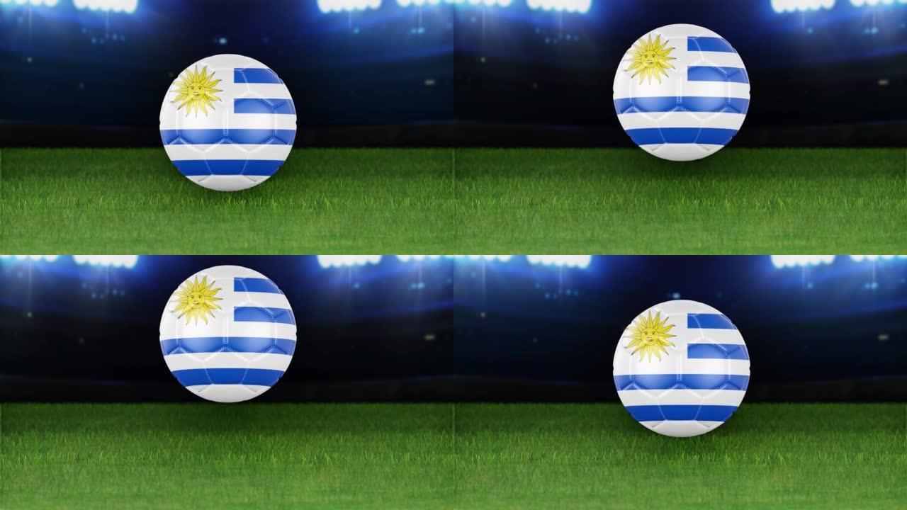 乌拉圭国旗足球，带灯跳入体育场。足球场和球，4k分辨率，循环-股票视频