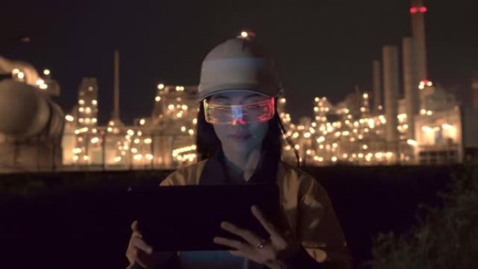 在石油和天然气或其他工业场所戴着未来派虚拟现实眼镜的女工程师的录像。