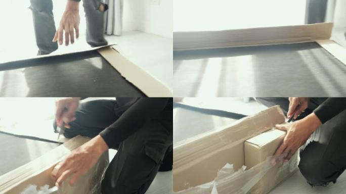 Workers moving new furniture to new house unpackin