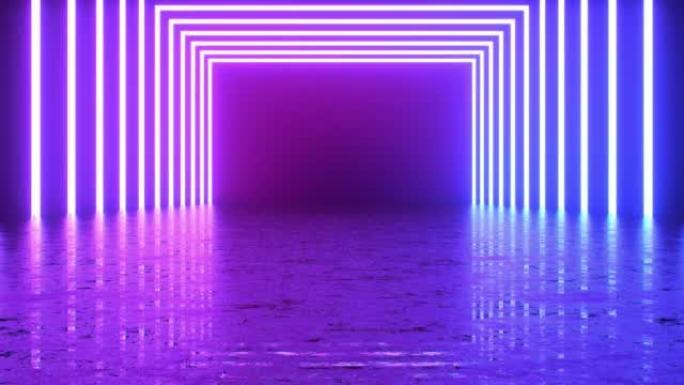 4k未来派霓虹灯紫外线荧光隧道可循环动画黑色背景