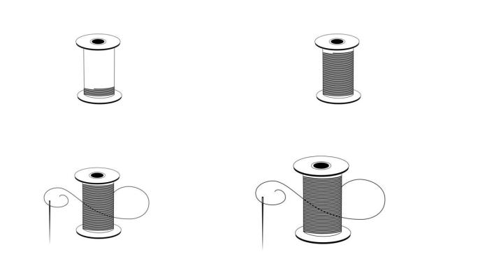 缝纫线轴、针的自画动画。缝纫的概念。
