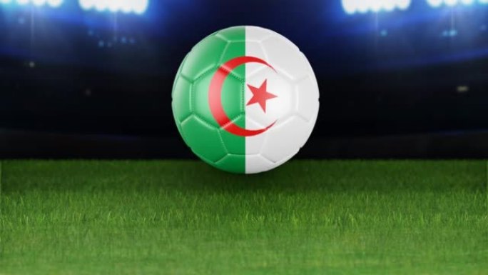 阿尔及利亚国旗足球，带灯跳入体育场。足球场和球，4k分辨率，循环-股票视频