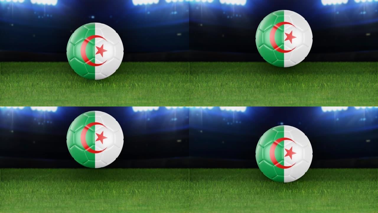 阿尔及利亚国旗足球，带灯跳入体育场。足球场和球，4k分辨率，循环-股票视频
